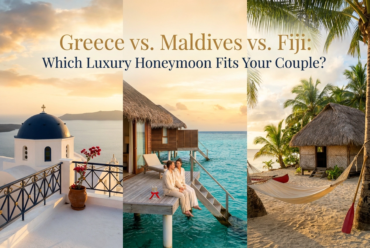 Greece vs. Maldives vs. Fiji: Which Luxury Honeymoon Fits Your Couple? Professional header image for comparison analysis: Greece vs. Maldives vs. Fiji: Which Luxury Honeymoon Fits...